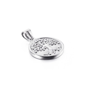 Polished stainless steel Tree of Life circular pendant with detailed tree relief pattern