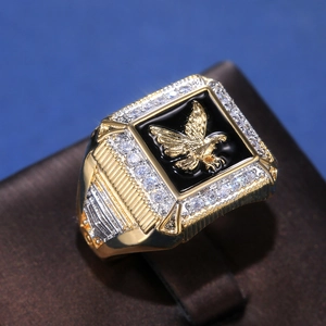 Men Eagle Signet Ring Gold Plated Copper Black Enamel Rhinestone Inlaid Vintage Punk Style Jewelry