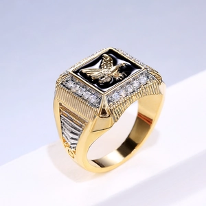 Men's gold plated eagle ring with white zircon stones and black enamel relief inlay