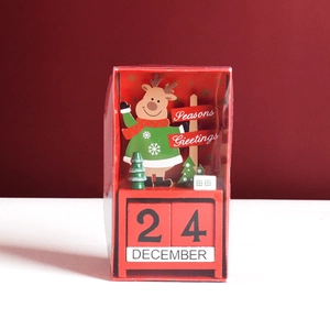 Wooden Christmas countdown calendar featuring a reindeer holding a Seasons Greetings sign