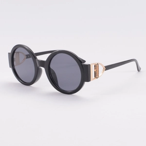 Stylish round full-frame sunglasses with black acetate frame and gold hollow metal accents