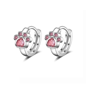 Cute pink zircon cat paw stud earrings in silver minimalist animal footprint style