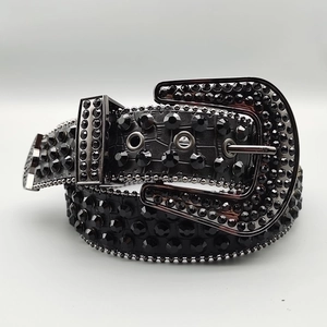 Punk style black crocodile leather belt with rhinestones and large horseshoe buckle