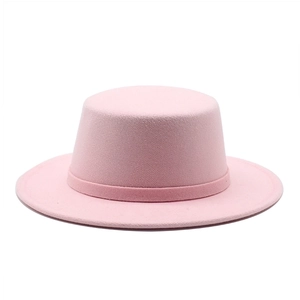 Elegant light pink flat top wool felt boater hat with matching ribbon for men and women