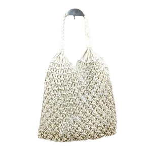 Minimalist white hand-woven hollow mesh tote bag with long handles for women shoulder carry