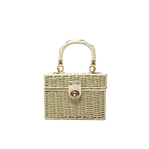 Handmade Straw Woven Handbag Vintage Box Shape Vacation Beach Shoulder Crossbody Bag With Metal Chain Strap For Women