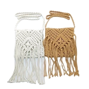 Handmade woven cotton tassel crossbody bags in white and camel colors for beach style