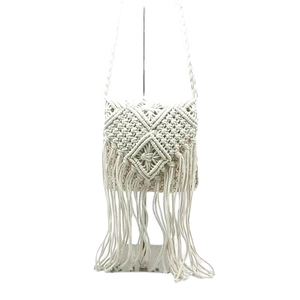 Handwoven cream cotton shoulder bag with bohemian stripes and long tassels