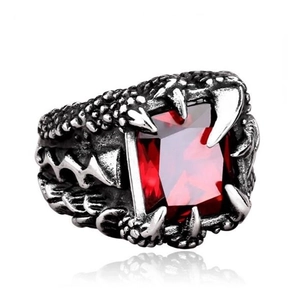 Anello gotico con artiglio di drago e rubino rosso in acciaio inox vintage