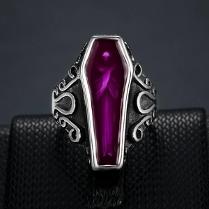 Gothic vintage stainless steel coffin ring with purple resin inlay and skull detail