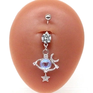 Silver belly button ring with moon and planet pendants featuring blue and clear gemstones