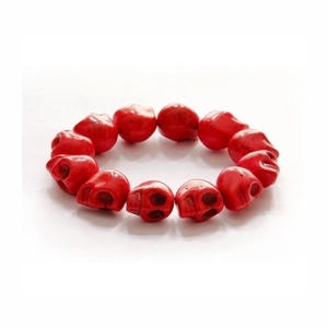 Double-layered red skull turquoise beaded bracelet for men in punk rock style design