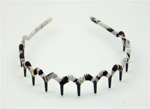 Detail of wavy toothed headband with leopard pattern fabric wrap and non-slip comb teeth
