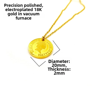 Macro detail of 18K gold plated coin pendant with Elizabeth II relief and 20mm size