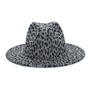 Cappello fedora classico grigio con stampa leopardata a tesa larga e stile vintage