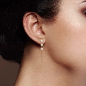925 Sterling Silver Gold Flower Earrings Set with Tassel Chain and Zircon Studs on Model