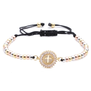 Three-tone beaded adjustable bracelet with sparkling zircon hollow cross charm
