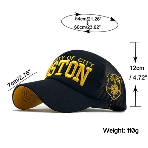 Detail view of black mesh baseball cap with yellow Boston embroidery and sizing specs