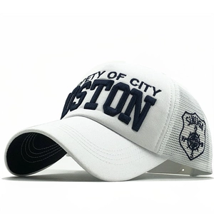White mesh breathable baseball cap with Boston embroidery and side crest patch