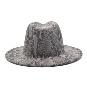 Classic wide brim fedora hat with stylish grey snake print and indented crown design