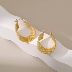 Elegant 18K gold plated braided wide hoop earrings with textured mesh pattern