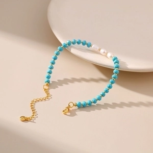 Natural freshwater pearl and turquoise cut bead bracelet with gold lobster clasp