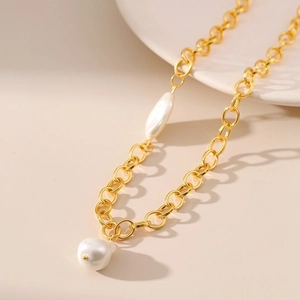 Elegant French irregular baroque pearl necklace with 18K gold plated brass chain links