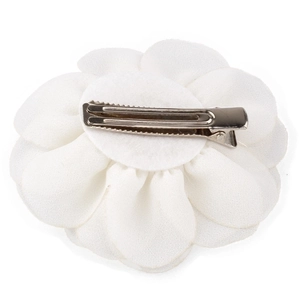 White chiffon camellia flower hair clip for girls with a silver metal duckbill base