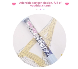 Detail of light blue quicksand pen with silver glitter fluid and 100% cute text