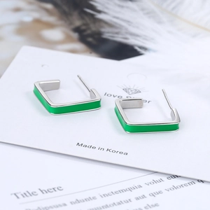 Minimalist square green enamel stud earrings in silver metal base for a modern look
