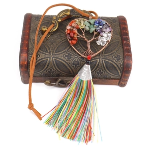Handmade Tree of Life heart pendant with colorful natural stones and long tassel detail