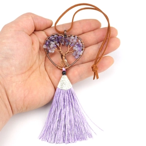 Handmade Tree of Life heart pendant with purple crystals and decorative tassel fringe
