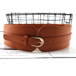 Vintage tan wide corset belt for women featuring a gold horseshoe buckle over black mesh