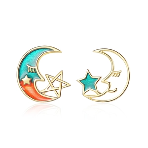 Korean Style Fashion Asymmetrical Moon Star Stud Earrings Copper Gold Plated Drip Glue Enamel Jewelry For Women Gift