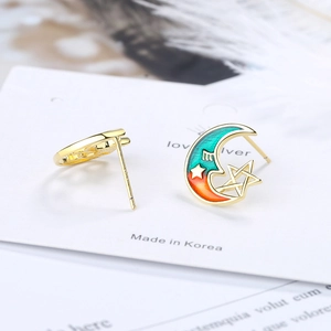 Korean style star and moon stud earrings with colorful gradient enamel and gold finish