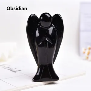 Polished black obsidian praying angel sculpture with detailed wings and mirror finish