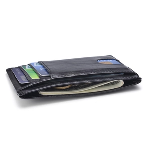 Slim black leather RFID card holder showing multiple slots and internal cash compartment