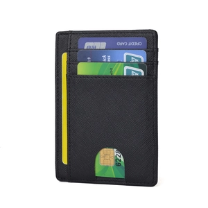 Slim RFID leather card holder in black crosshatch pattern with multiple slots and window