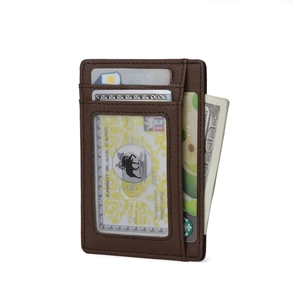 Detail of dark brown leather RFID wallet showing card slots and clear ID window view