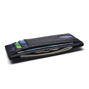 Side view of slim black carbon fiber RFID leather wallet with cards and cash inside