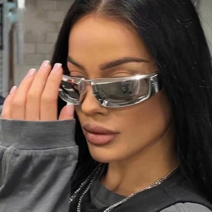 Y2K futuristic silver wrap around sunglasses for men and women with punk tech aesthetics