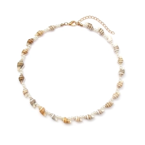Handmade ocean style necklace with natural conch shells, white beads and gold clasp