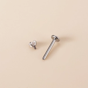 G23 titanium labret stud with internal thread and clear cubic zirconia in silver tone