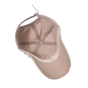 Internal structure of khaki cotton baseball cap with sweatband and metal adjustment buckle