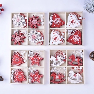 Creative red and white wooden Christmas ornaments set with snowflake and bell pendants