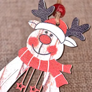 Laser-cut wooden reindeer ornament with red scarf and hanging rope for Christmas tree