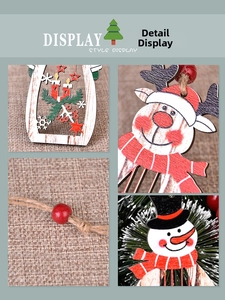 Detailed view of laser-cut wooden Christmas ornaments with painted snowman and reindeer