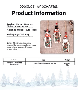 Detail view of wooden Christmas ornaments featuring Santa Claus, snowman and reindeer