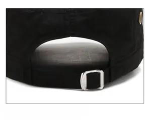 Detailed view of the adjustable metal buckle strap on a black breathable flat top cap