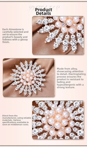 Detailed close-up of a floral pearl brooch with sparkling rhinestones on brown silk fabric